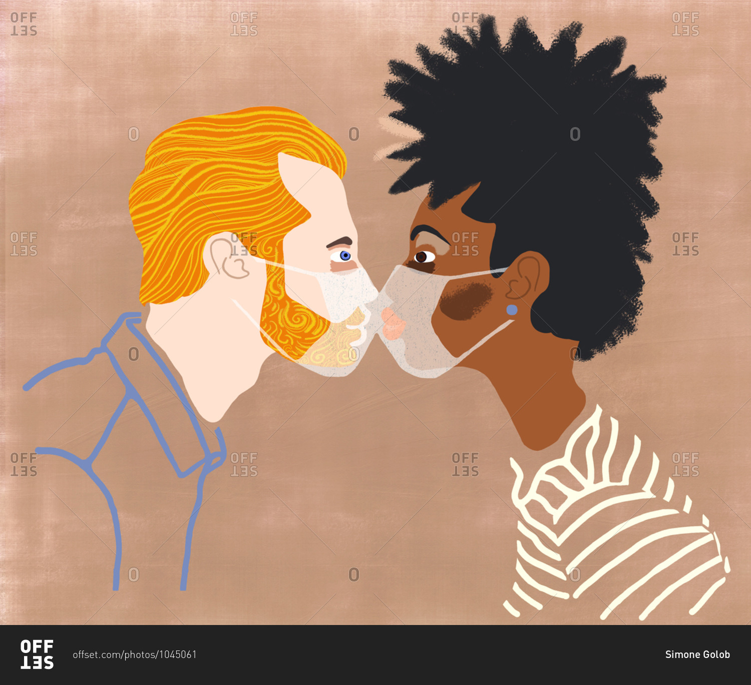 Close up profile of two people kissing though face masks