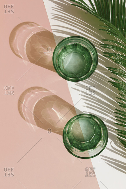 Studio shot of palm leaves and two glasses of carbonated water