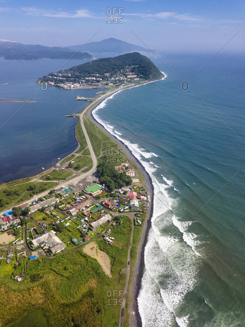 Russia- Primorsky Krai- Zarubino- Aerial view of coastal village
