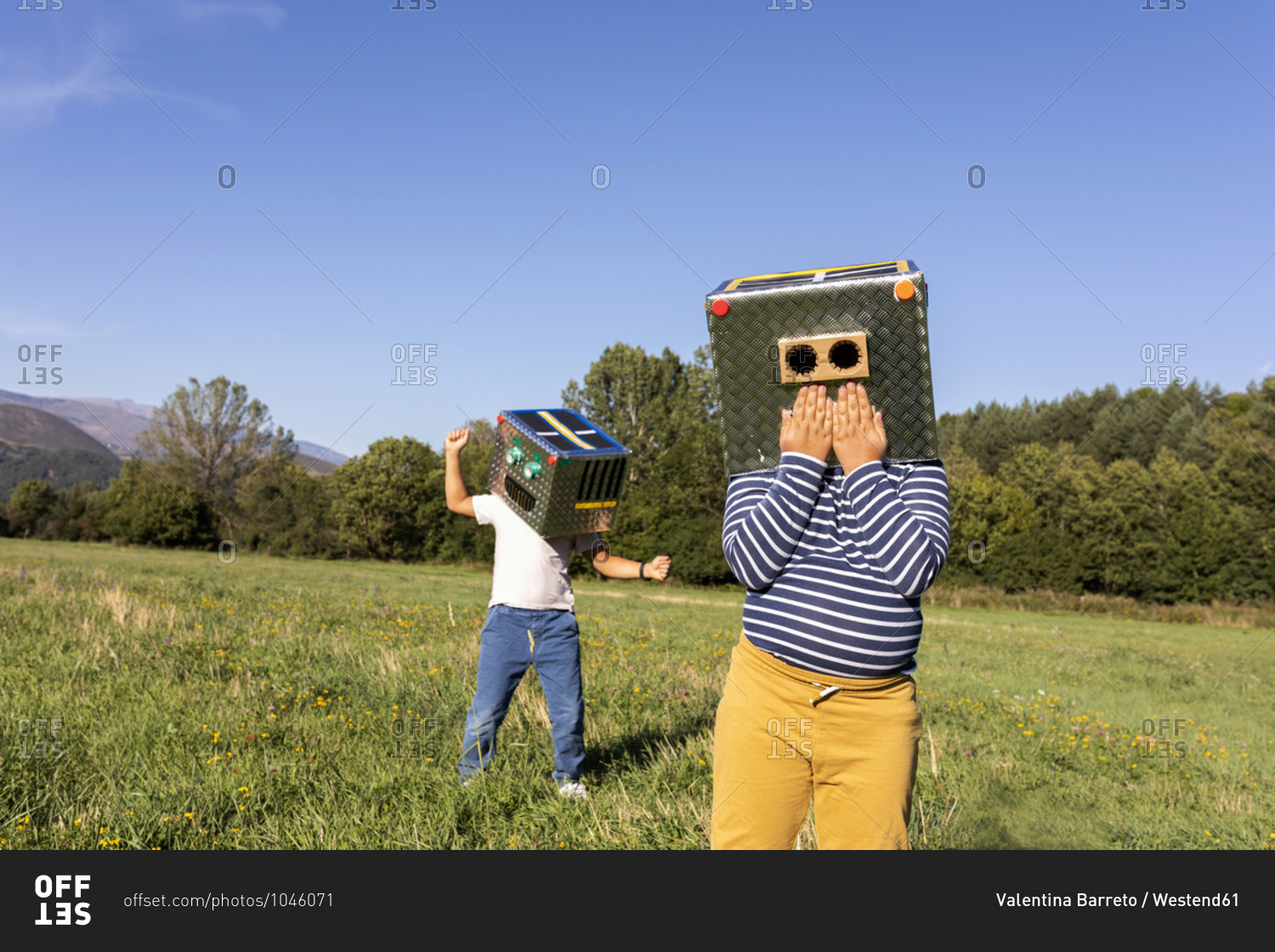 Boys playing with robot cardboard box while standing in meadow