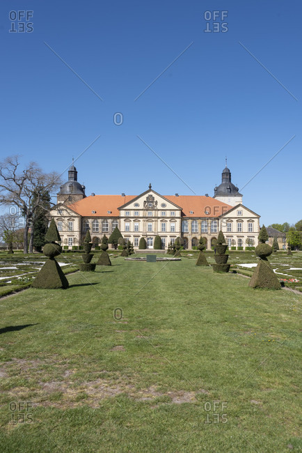 April 21, 2020: Germany, Saxony-Anhalt, hundisburg, view of the baroque garden of hundisburg castle.