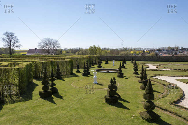 April 21, 2020: Germany, Saxony-Anhalt, hundisburg, view of the baroque garden of hundisburg castle.