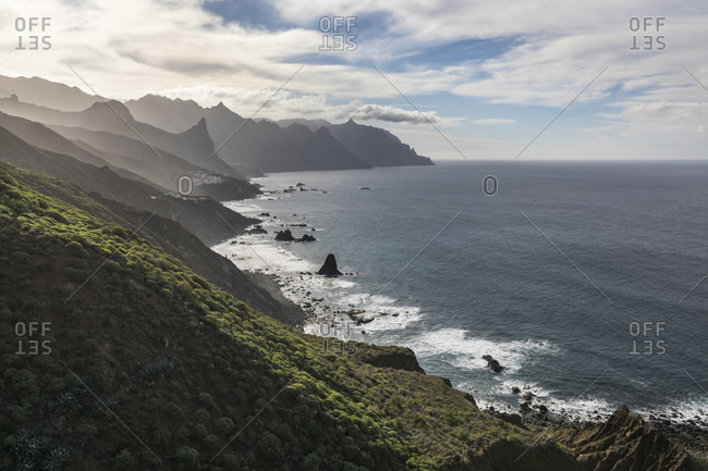 View of the coastal hike to el draguillo at the foot of the anaga mountains, tenerife, canary islands, Spain