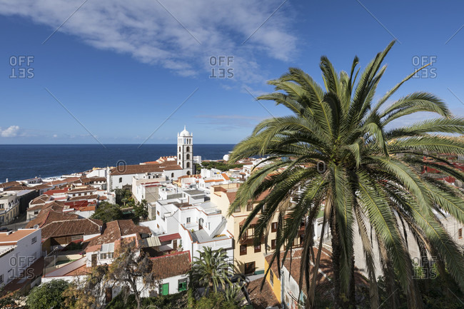 View over garachico with the Santa ana church on the atlantic ocean, tenerife, canary islands, Spain