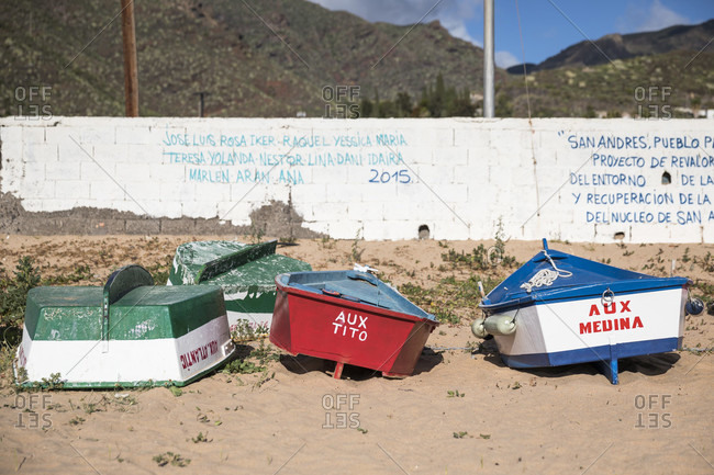 January 25, 2020: colorful fishing boats on playa de las teresitas beach, san Andres, tenerife, canary islands, Spain