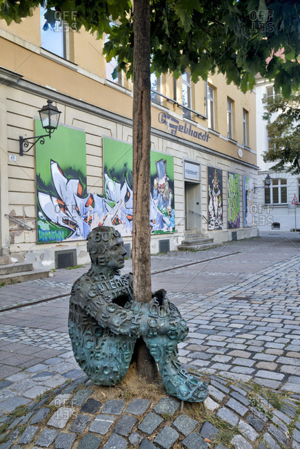 September 2, 2019: sculpture, kaspar's tree, facade, montgelasplatz, ansbach, franconia, Bavaria, Germany, Europe