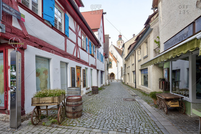 September 10, 2019: picturesque alley, house facades, half-timbered house, idyll, blaubeuren, alb-donau district, swabian alb, Baden-Wurttemberg, Germany