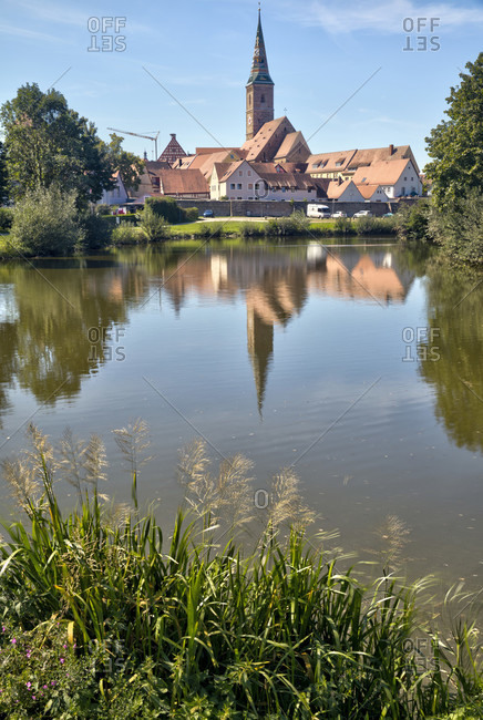 Shooting pond, water, pond, city wall, city fortifications, landscape, wolfram-eschenbach, franconia, Bavaria, Germany