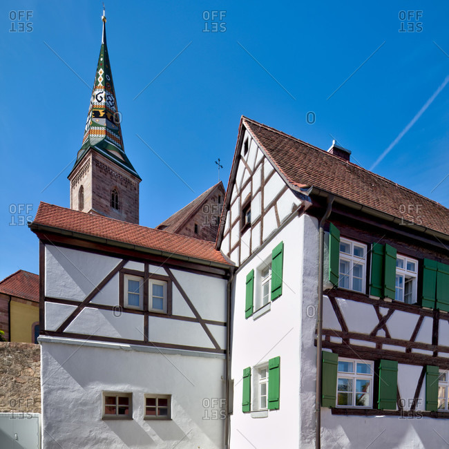 Church tower, liebfrauenmunster, house facade, half-timbered building, architecture, wolfram-eschenbach, franconia, Bavaria, Germany