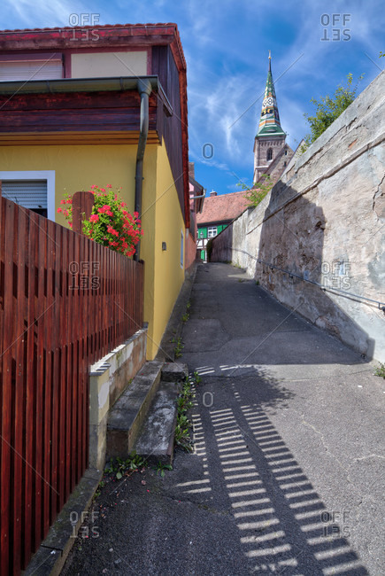 Alley, church tower, house facade, half-timbering, wolfram-eschenbach, franconia, Bavaria, Germany