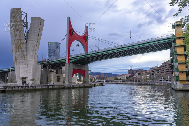 April 6, 2019: Europe, Spain, basque country, vizcaya province, bilbao, view of the la salve bridge over the nervión in bilbao