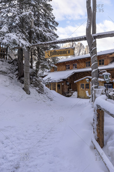 March 5, 2019: europe, austria, tyrol, east tyrol, lienz, arrival at the wintry dolomite hut in the lienzer dolomites