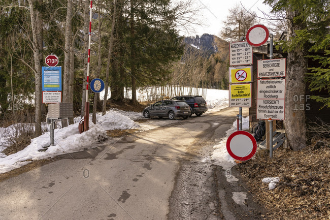 March 3, 2019: europe, austria, tyrol, east tyrol, lienz, hiking parking lot at the kreithof inn on the way up to the dolomitenhutte