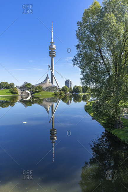 September 12, 2018: europe, germany, bavaria, munich, olympiapark munich, olympic tower reflected in the olympic lake