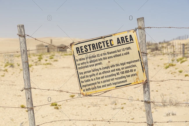 Warning sign, no entry, restricted area, NAMDEB, Namibia. Kolmanskop ghost town, Kolmanskop