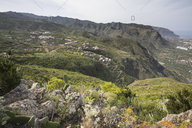 View of the Teno Mountains with the village of Terra del Trigo, Tenerife, Canary Islands, Spain