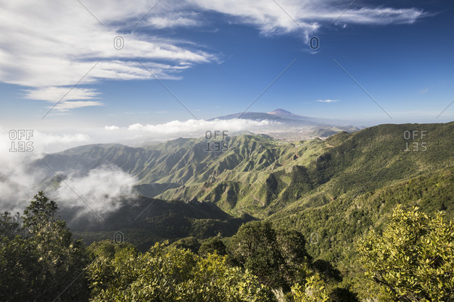 View from the Mirador Pico del Ingles towards the Anaga Mountains towards San Cristobal de La Laguna and the volcano Pico del Teide (3718 m), Tenerife, Canary Islands, Spain