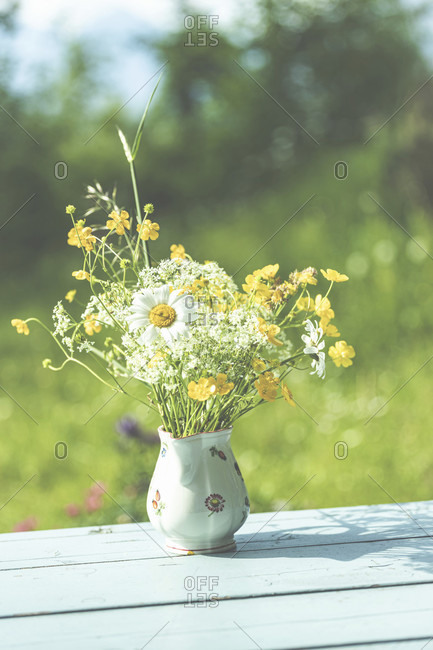 Spring - The garden blooms in the sunlight. Daisies and buttercups in a vase in the garden.