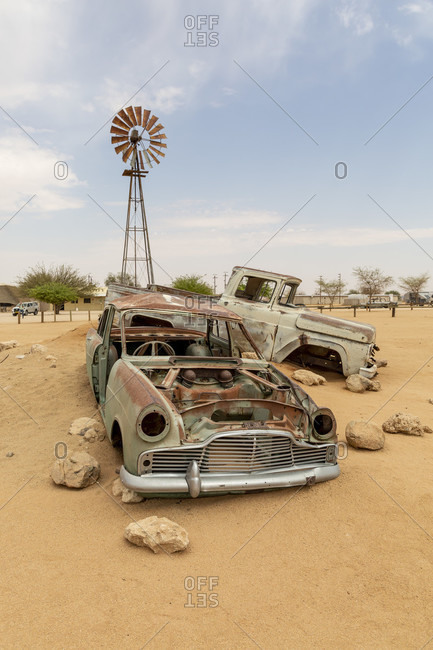 October 17, 2019: Car wreck in the Namib Desert, Solitaire, Namibia