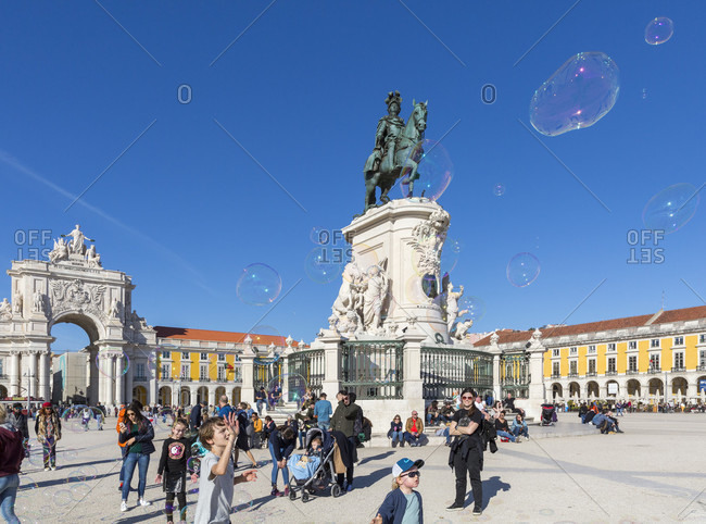 February 11, 2019: Praca do Comercio, public square with shops and cafes, Lisbon
