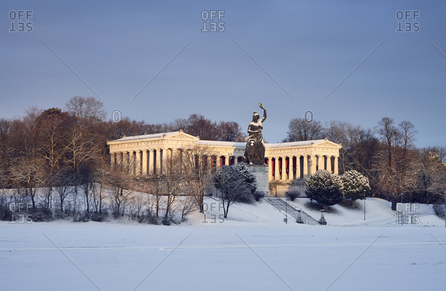 December 29, 2017: Germany, Bavaria, Upper Bavaria, Munich, Theresienwiese, Hall of Fame with bronze statue Bavaria