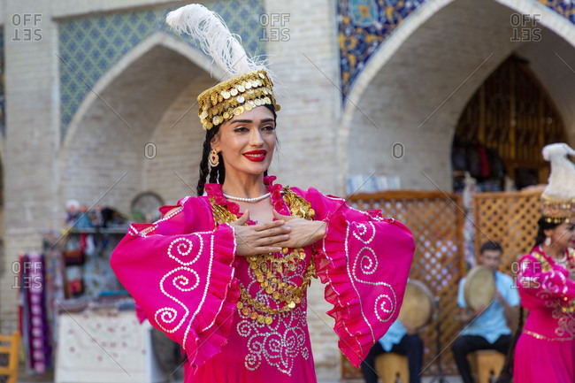 August 24, 2019: Folklore show, dance performance in the pilgrimage hostel Nodir Devonbegi, Bukhara, Uzbekistan