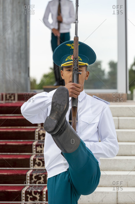 August 17, 2019: Guards and changing of the guard on the north side of Alatoo Square, Bishkek, Kyrgyzstan