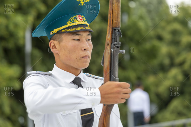August 17, 2019: Guards and changing of the guard on the north side of Alatoo Square, Bishkek, Kyrgyzstan