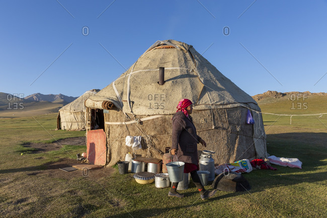 August 11, 2019: Nomads, Song Kol Lake, Song Kol National Park, Kyrgyzstan