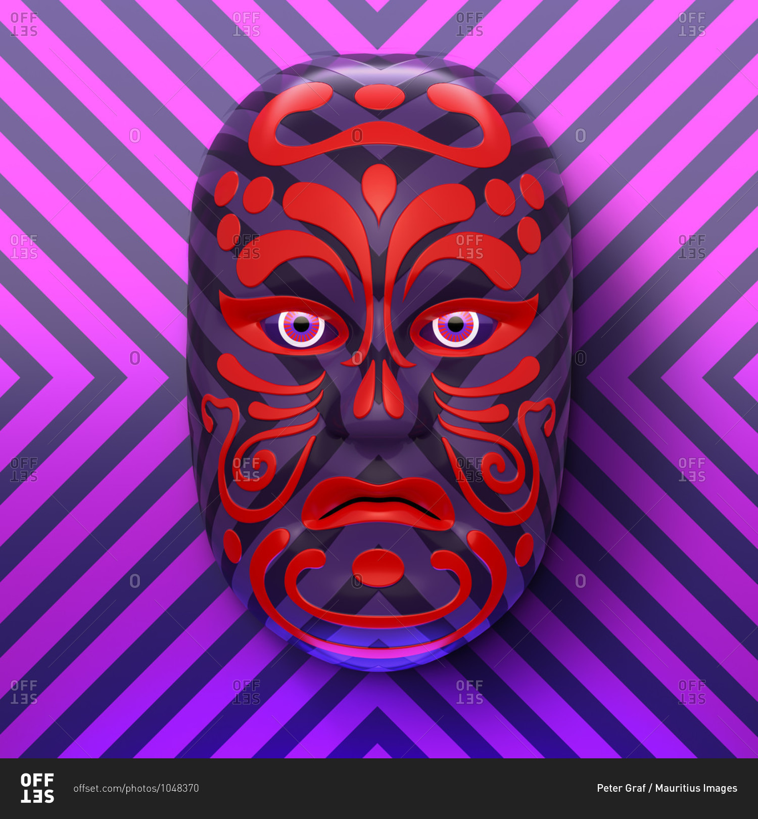 Asian theater mask with red ornaments against purple-pink striped background