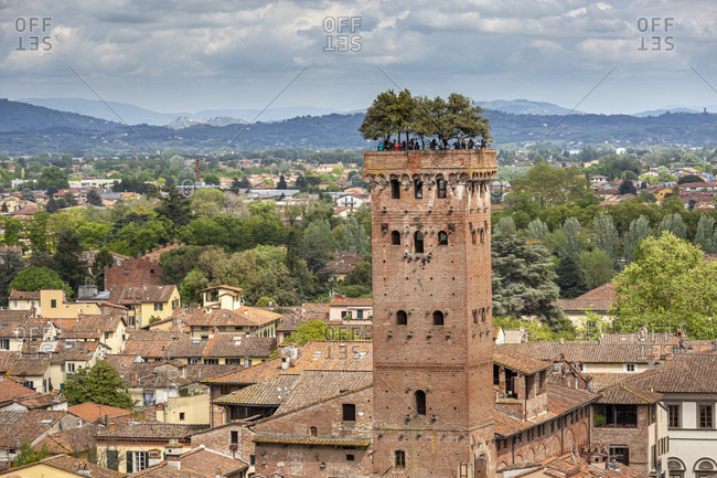 April 30, 2019: The Guini Tower (Italian: Torre Guinigi) is the most important gender tower of the city of Lucca and one of the few surviving within the city.