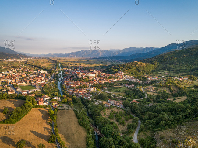 Aerial view of trees and little house in Polla, a little town in Parco Nazionale del Cilento e Vallo di Diano, Campania, Italy.