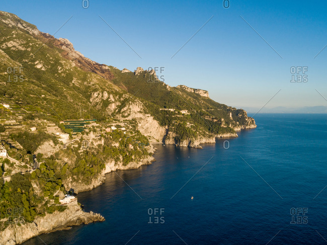 Aerial view of the Amalfi coast with cliffs, Italy.