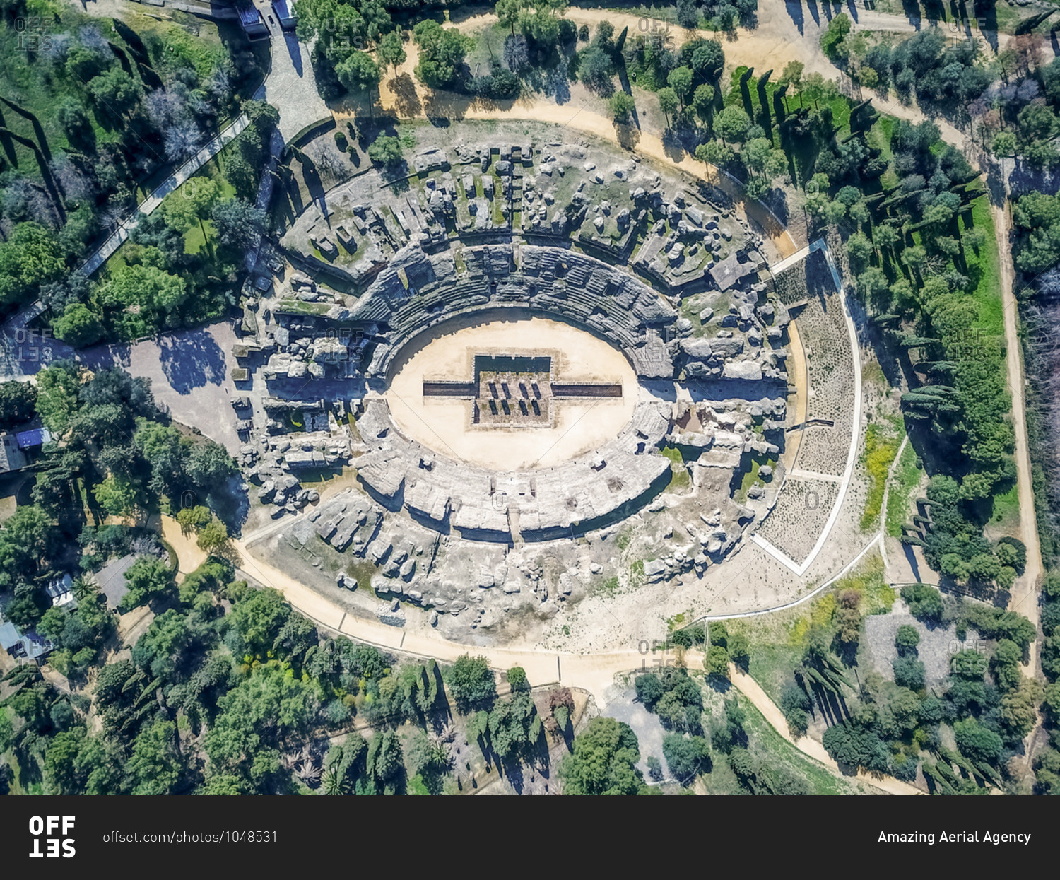 Aerial view of an archaeological site called Conjunto Arqueologico de Italica, an old Roman city in Santiponce, Sevilla, Andalusia, Spain.