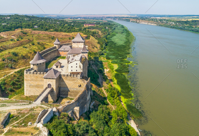 Aerial view of Khotyn fortress and Dniester river, oblast Chernivtsi, Ukraine