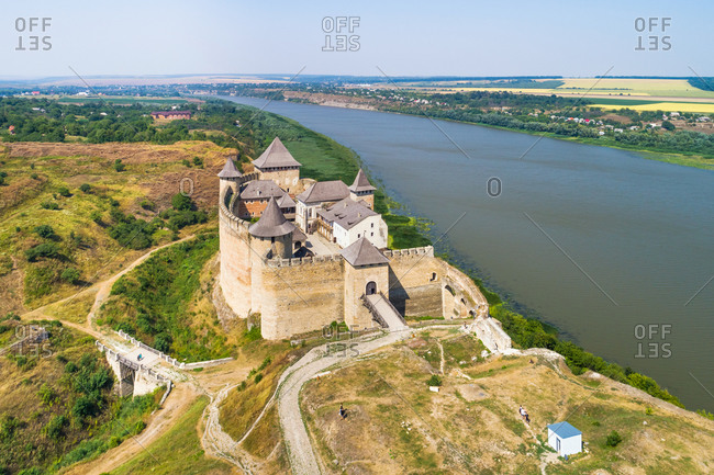 Aerial view of Khotyn fortress and Dniester river, oblast Chernivtsi, Ukraine