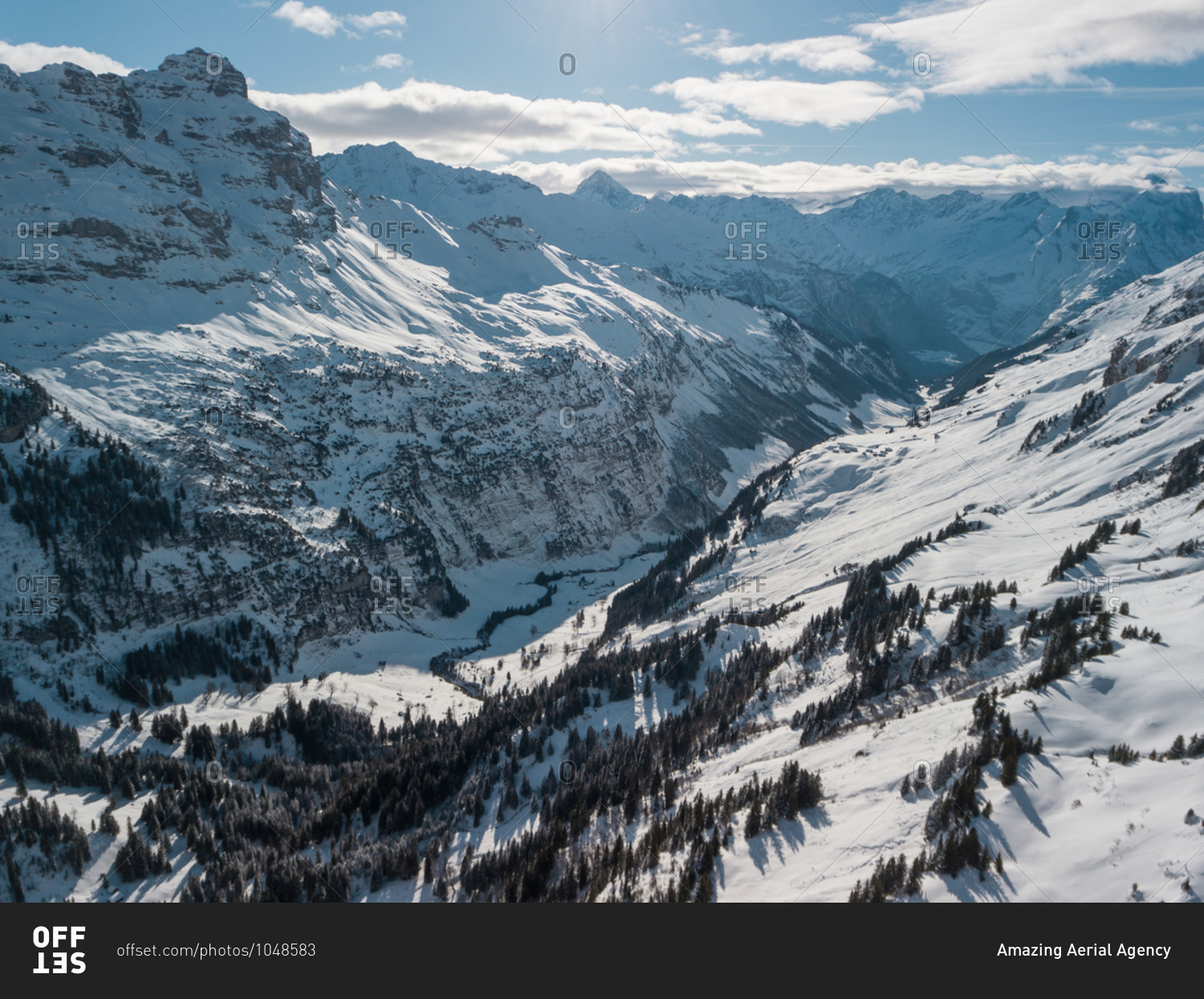 Aerial View of Snowy Mountains and Snow Covered Valley in the Bernese Alps, Switzerland