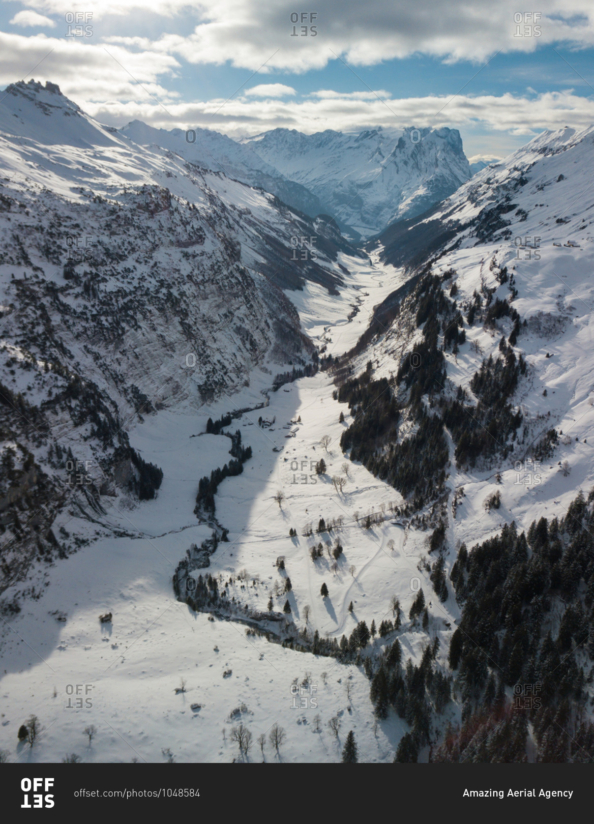Aerial View of Snowy Mountains and Snow Covered Valley in the Bernese Alps, Switzerland