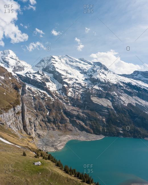Aerial View of Swiss Scene in the Alps in Oeschinensee, Switzerland