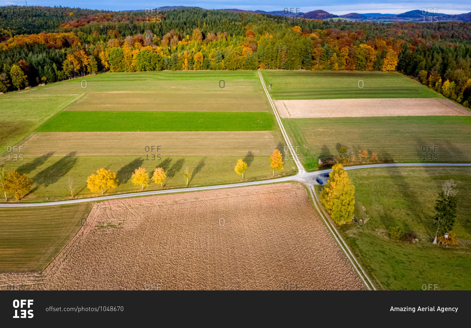 Aerial view of a rural landscape in autumn, Hessia, Germany.