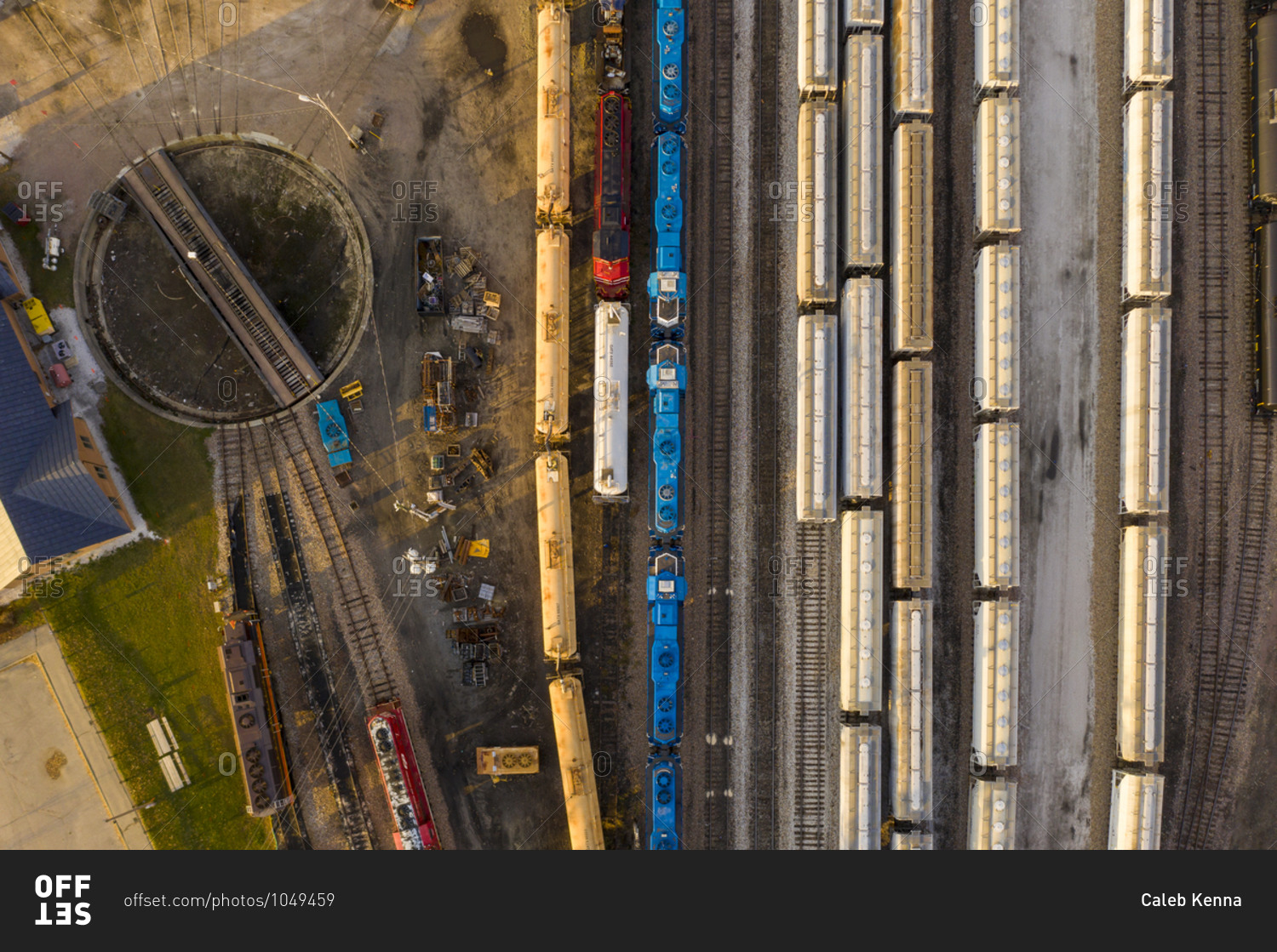 Drone shot over railway station and train cars in Burlington, Vermont