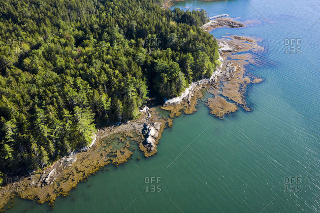 Aerial drone view of coastal maine at low tide