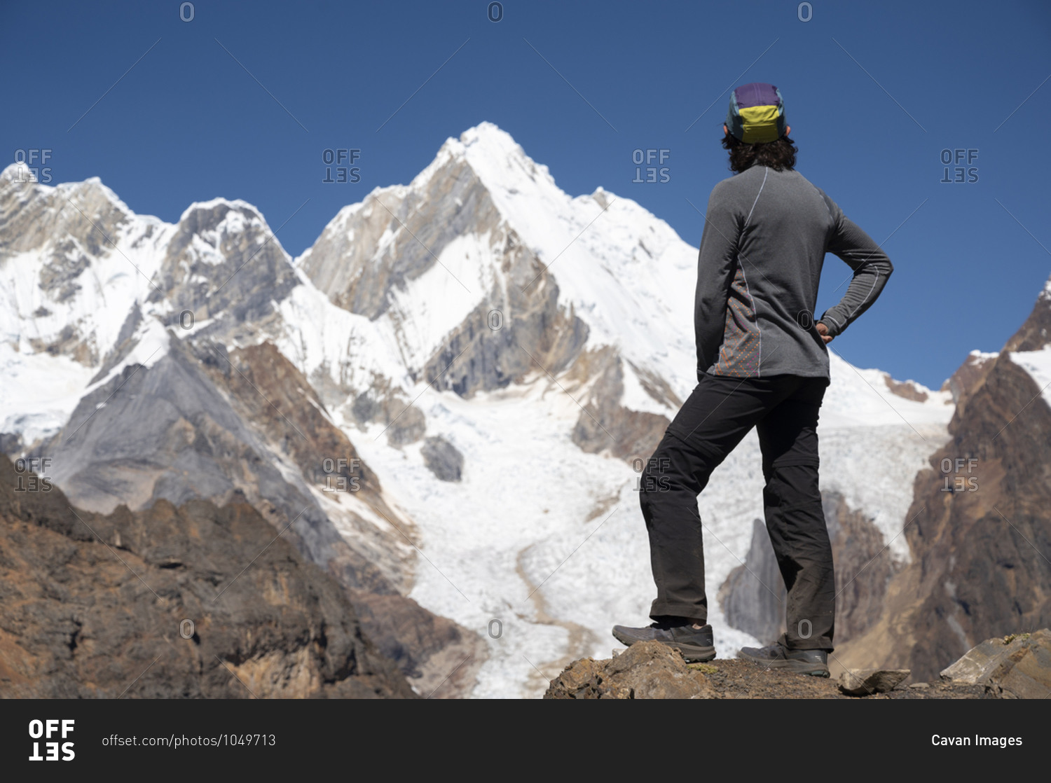 One person watching snowed high summits of cordillera huayhuash