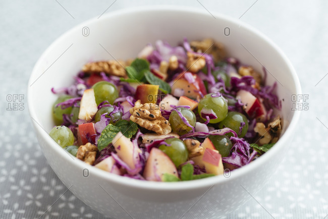 Red cabbage waldorf with minty poppy-seed dressing