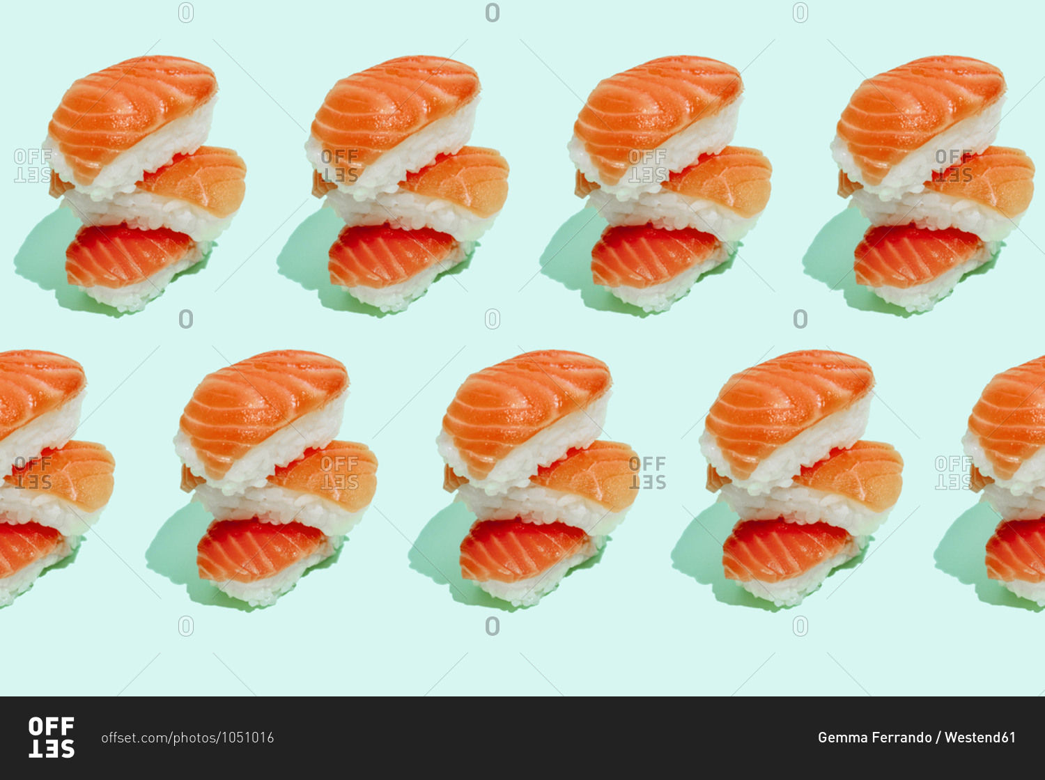 Multiple image of fresh salmon sushi nigiri on mint green background