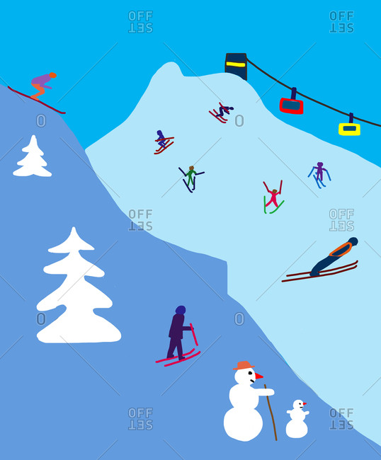 Child's painting of winter landscape with skiers and ski jumpers