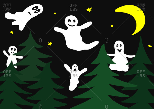 Child's painting of ghosts haunting in fir forest
