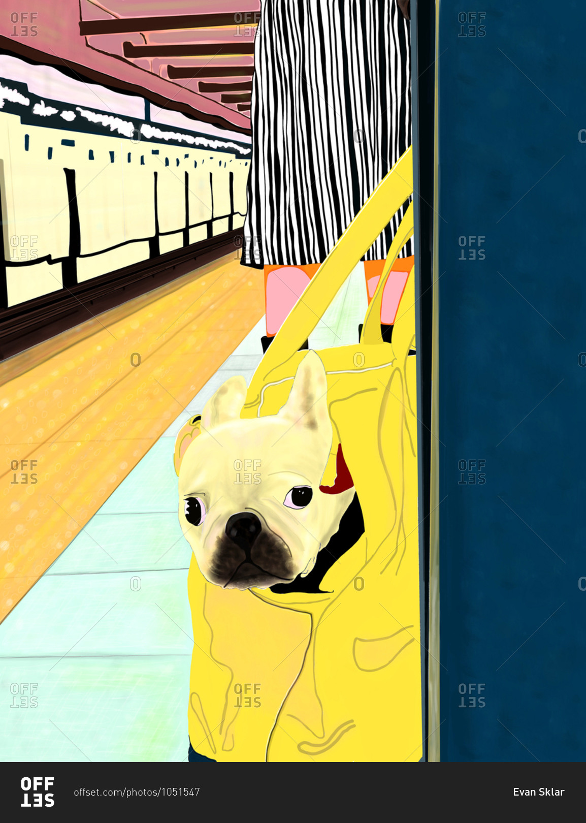 A woman waiting in a subway platform with her dog in a yellow bag