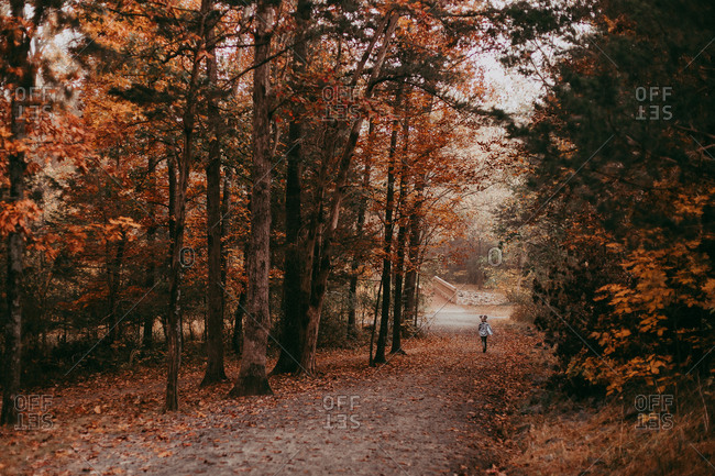 Young girl walking down a path in a park with colorful autumn trees