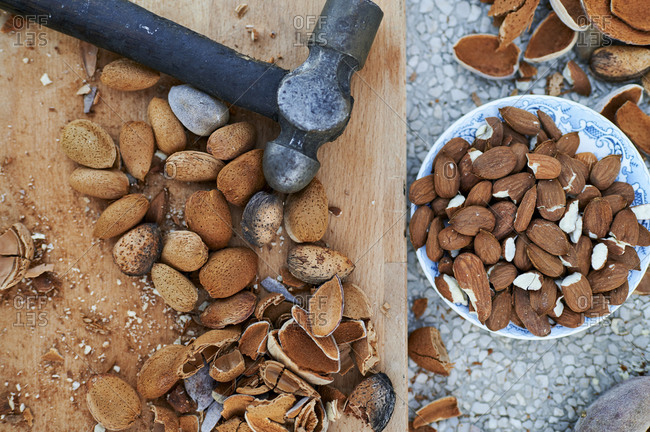 Peeled and whole almonds- empty husks- hammer and cutting board